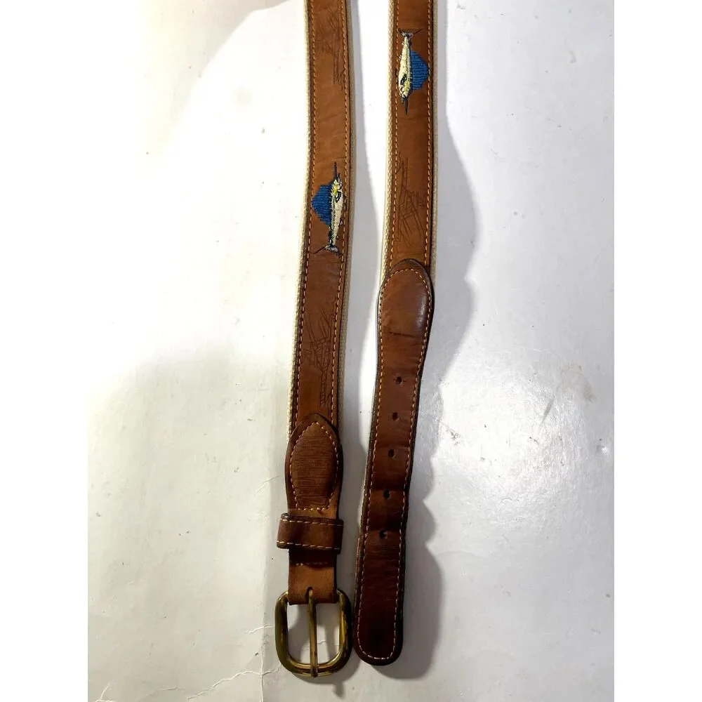 Genuine leather belt VTG USA made blue marlin embroidered fishing canvas men 48